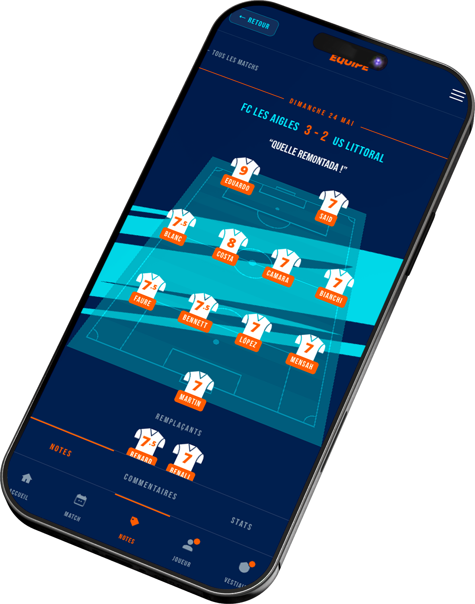 Écran de notes après match dans Ma Belle Équipe, affiché sur un smartphone